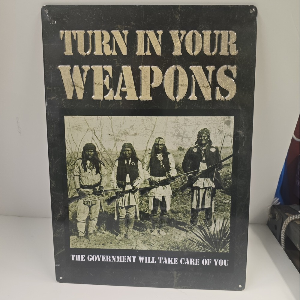 Metal Tin Sign, Turn in Your Weapons Retro Vintage Painting for Bars Plaque Post